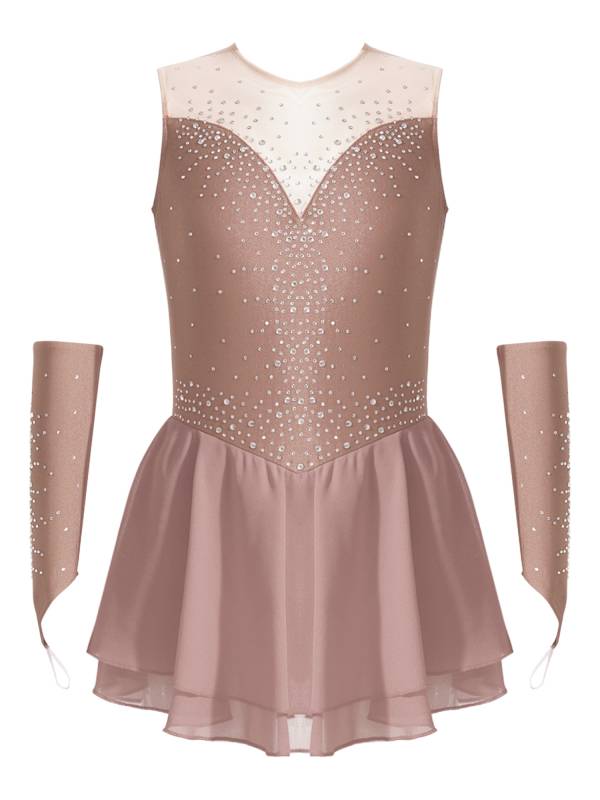 Kids Girls Rhinestone Figure Skating Dress with Gloves thumb