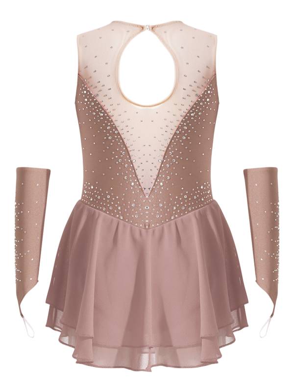 Kids Girls Rhinestone Figure Skating Dress with Gloves thumb