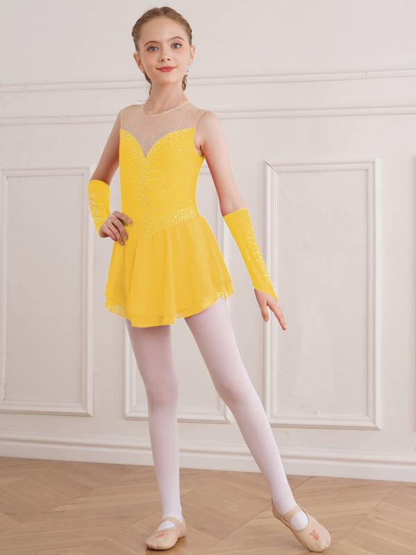 Kids Girls Rhinestone Figure Skating Dress with Gloves thumb