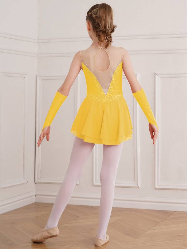 Kids Girls Rhinestone Figure Skating Dress with Gloves thumb