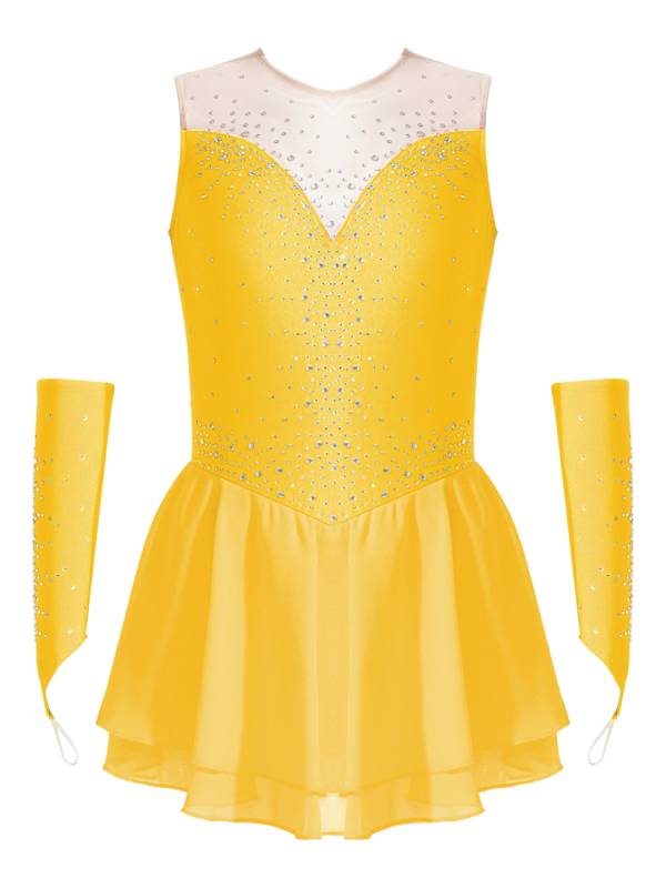 Kids Girls Rhinestone Figure Skating Dress with Gloves thumb