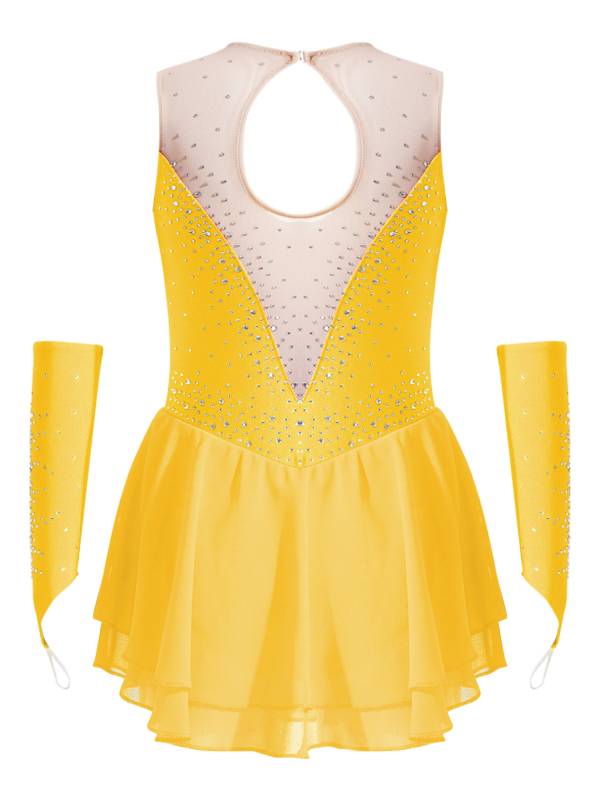 Kids Girls Rhinestone Figure Skating Dress with Gloves thumb