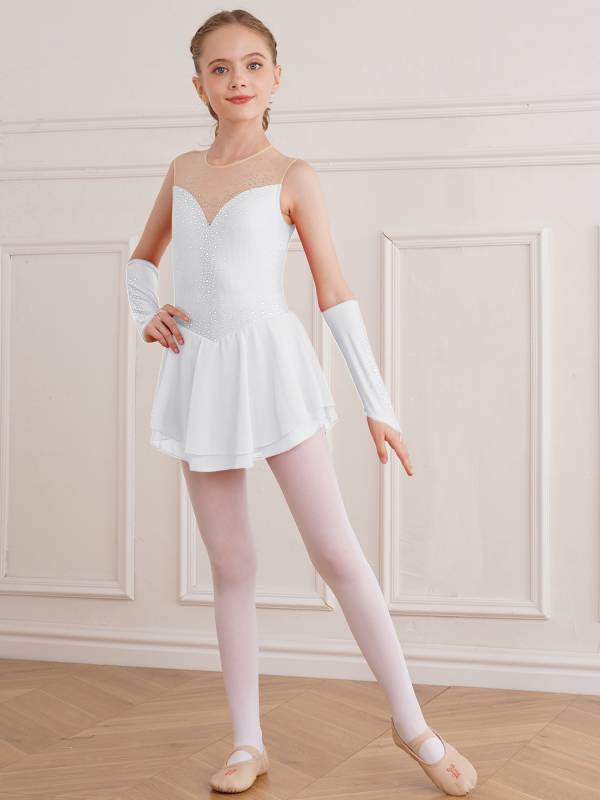 Kids Girls Rhinestone Figure Skating Dress with Gloves thumb