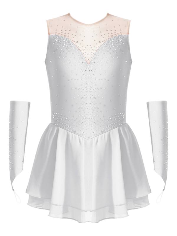 Kids Girls Rhinestone Figure Skating Dress with Gloves thumb
