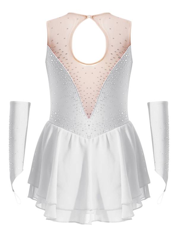 Kids Girls Rhinestone Figure Skating Dress with Gloves thumb