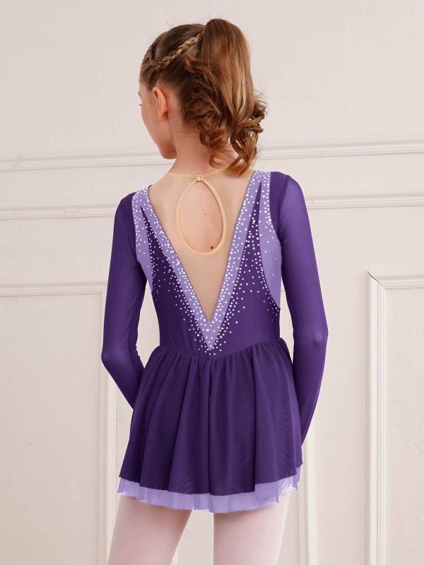 Kids Girls Long Sleeve Rhinestone Color Block Figure Skating Leotard Dress thumb