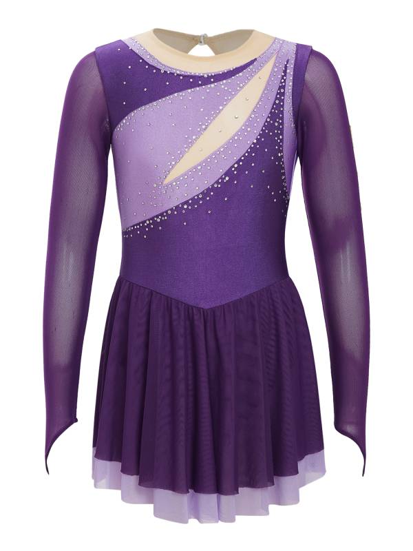 Kids Girls Long Sleeve Rhinestone Color Block Figure Skating Leotard Dress thumb