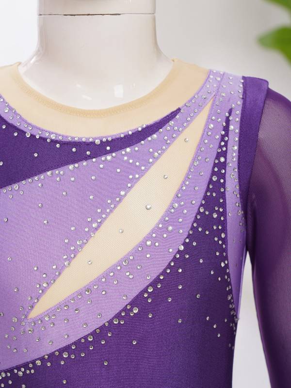 Kids Girls Long Sleeve Rhinestone Color Block Figure Skating Leotard Dress thumb