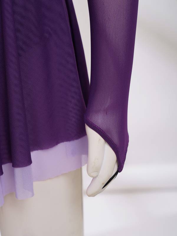Kids Girls Long Sleeve Rhinestone Color Block Figure Skating Leotard Dress thumb