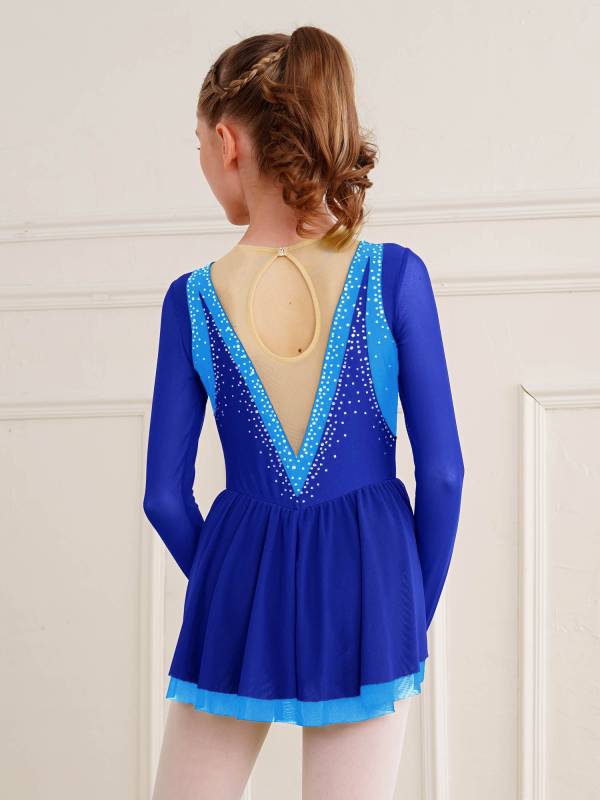 Kids Girls Long Sleeve Rhinestone Color Block Figure Skating Leotard Dress thumb
