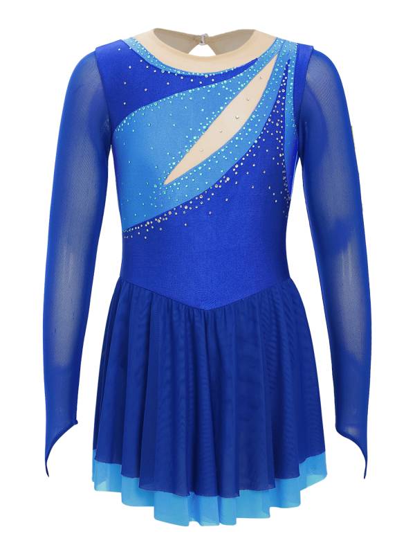 Kids Girls Long Sleeve Rhinestone Color Block Figure Skating Leotard Dress thumb