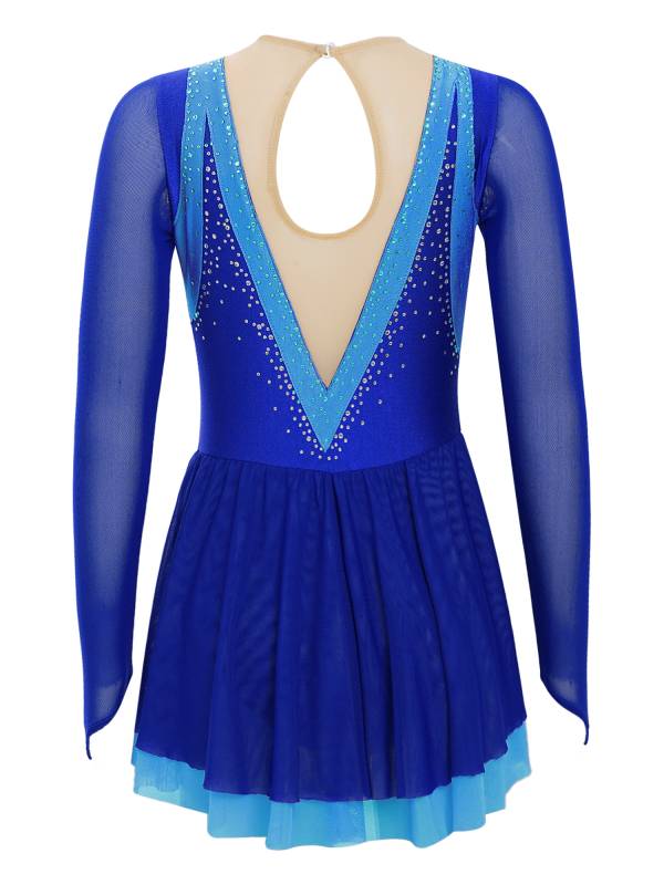 Kids Girls Long Sleeve Rhinestone Color Block Figure Skating Leotard Dress thumb