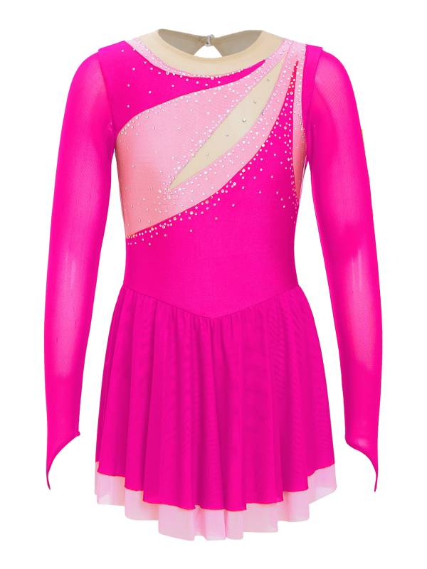 Kids Girls Long Sleeve Rhinestone Color Block Figure Skating Leotard Dress thumb