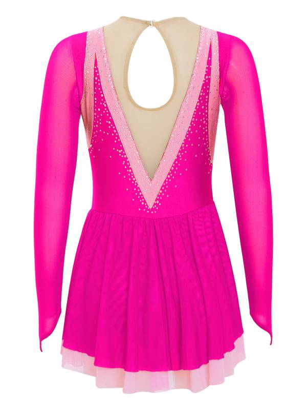 Kids Girls Long Sleeve Rhinestone Color Block Figure Skating Leotard Dress thumb