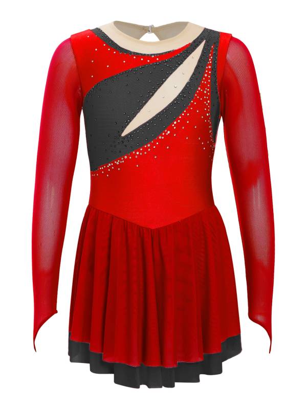 Kids Girls Long Sleeve Rhinestone Color Block Figure Skating Leotard Dress thumb