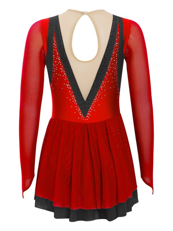 Kids Girls Long Sleeve Rhinestone Color Block Figure Skating Leotard Dress thumb