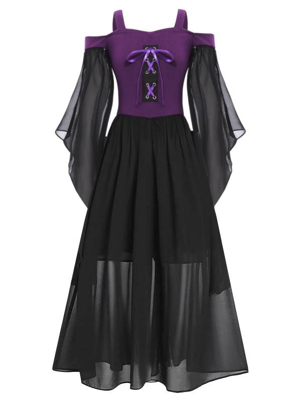 Kids Girls Cold Shoulder Halloween Medieval Renaissance Gothic Dress thumb