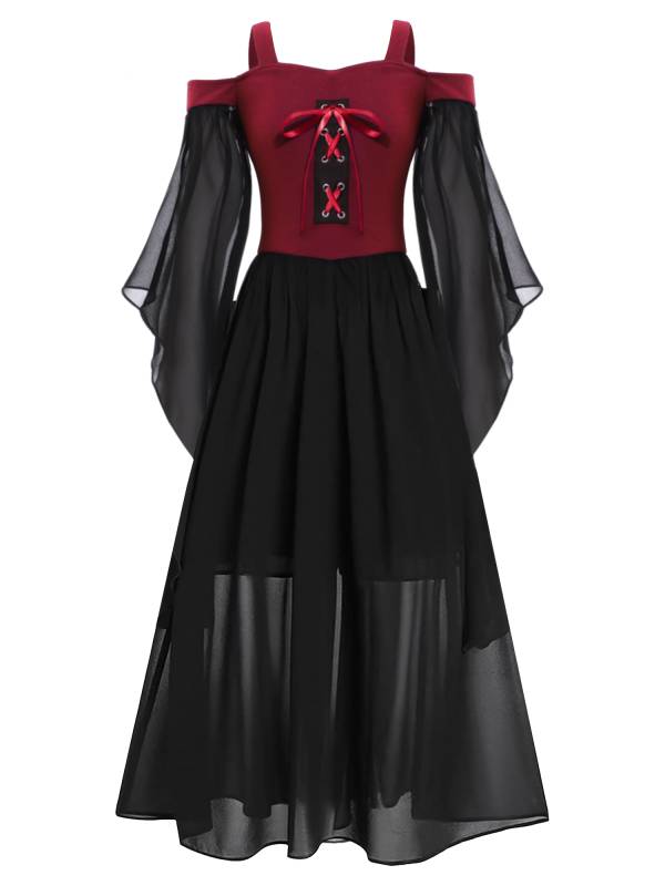 Kids Girls Cold Shoulder Halloween Medieval Renaissance Gothic Dress thumb