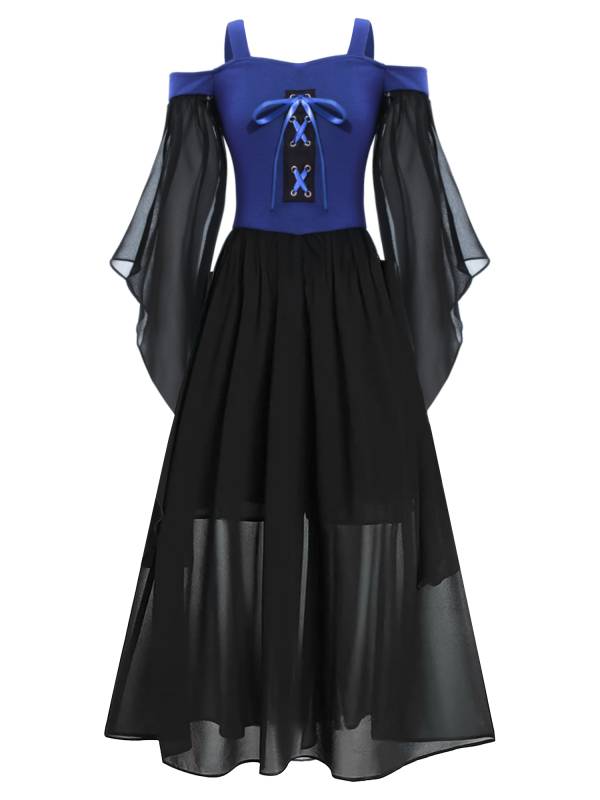 Kids Girls Cold Shoulder Halloween Medieval Renaissance Gothic Dress thumb