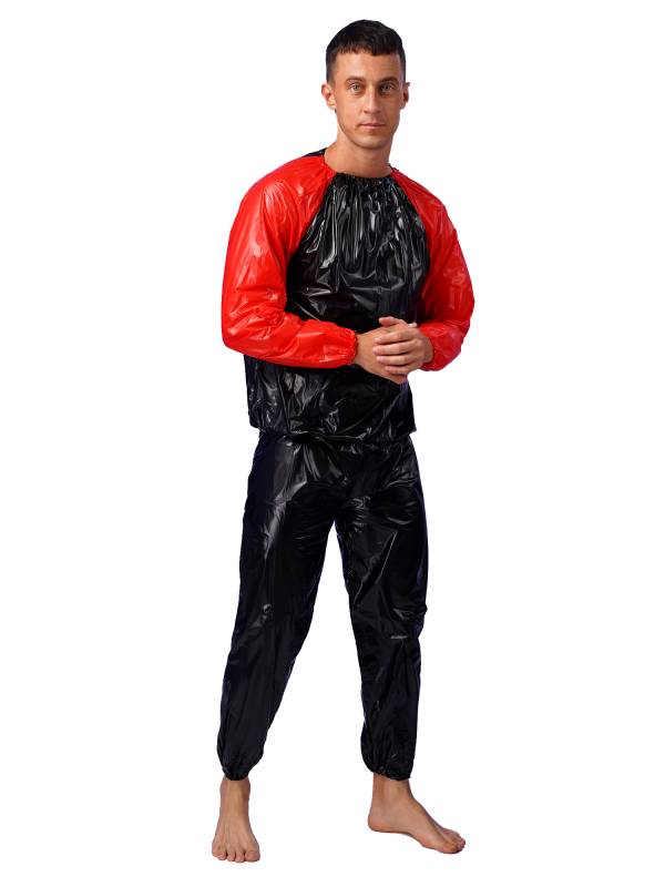 Men 2pcs PVC Long Sleeve Top with Pants Fitness Gym Workout Set thumb