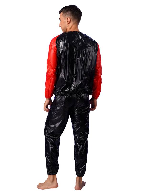 Men 2pcs PVC Long Sleeve Top with Pants Fitness Gym Workout Set thumb