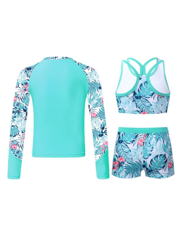Kids Girls 3Pcs Palm Leaf Printed Rash Guard and Tankini Swimsuit Set thumb