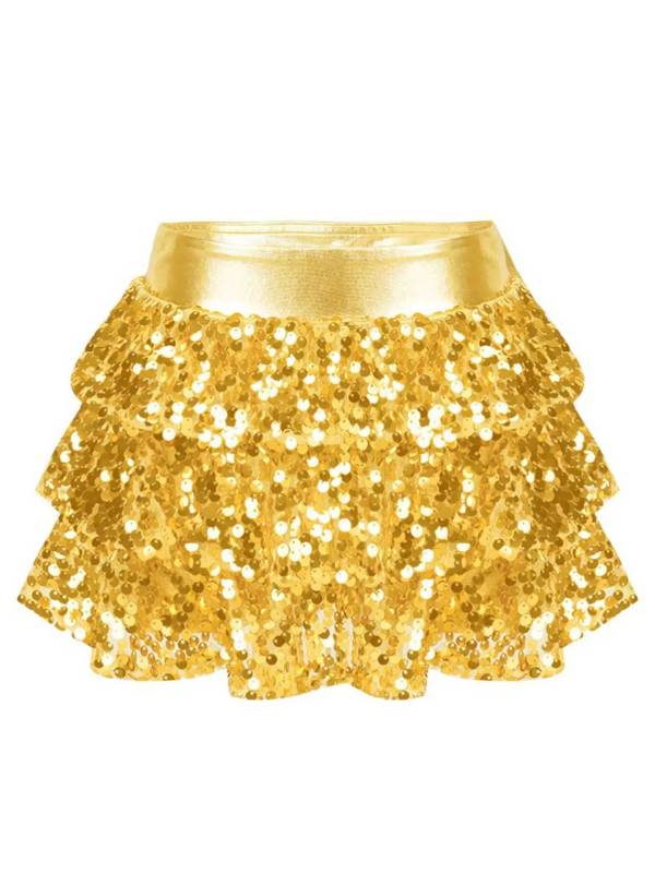 Kids Girls Shiny Sequin Tiered Ruffle Jazz Dance Skirt thumb