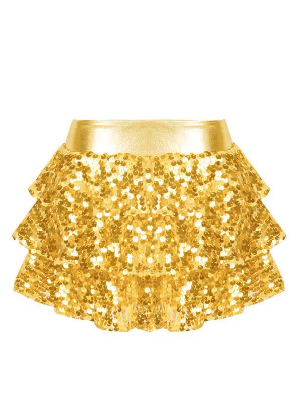 Kids Girls Shiny Sequin Tiered Ruffle Jazz Dance Skirt thumb