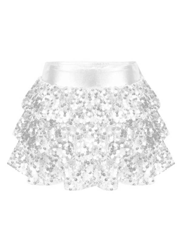 Kids Girls Shiny Sequin Tiered Ruffle Jazz Dance Skirt thumb