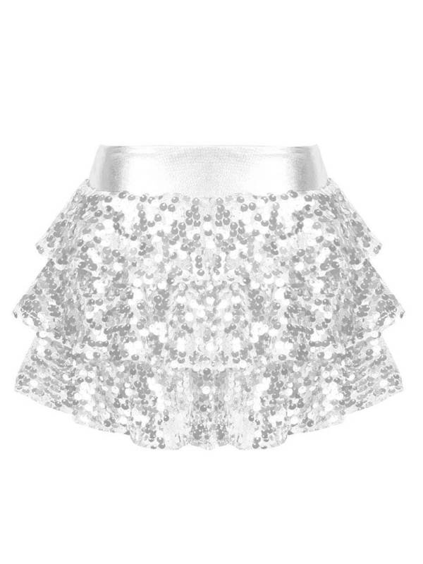 Kids Girls Shiny Sequin Tiered Ruffle Jazz Dance Skirt thumb
