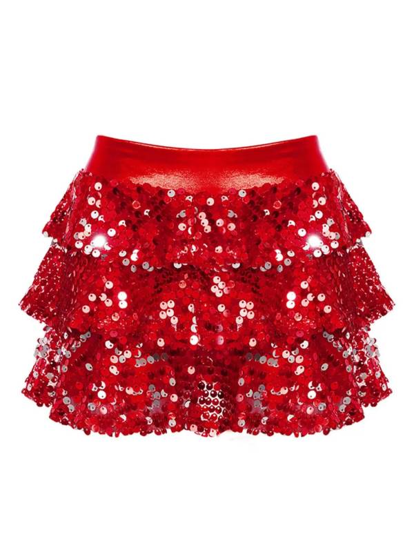 Kids Girls Shiny Sequin Tiered Ruffle Jazz Dance Skirt thumb