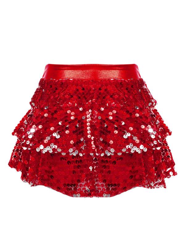 Kids Girls Shiny Sequin Tiered Ruffle Jazz Dance Skirt thumb
