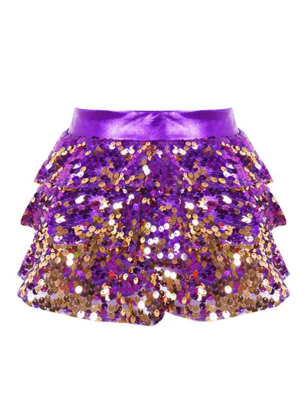 Kids Girls Shiny Sequin Tiered Ruffle Jazz Dance Skirt thumb