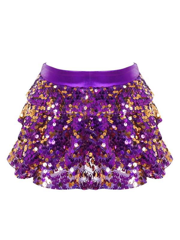 Kids Girls Shiny Sequin Tiered Ruffle Jazz Dance Skirt thumb