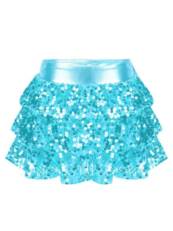 Kids Girls Shiny Sequin Tiered Ruffle Jazz Dance Skirt thumb