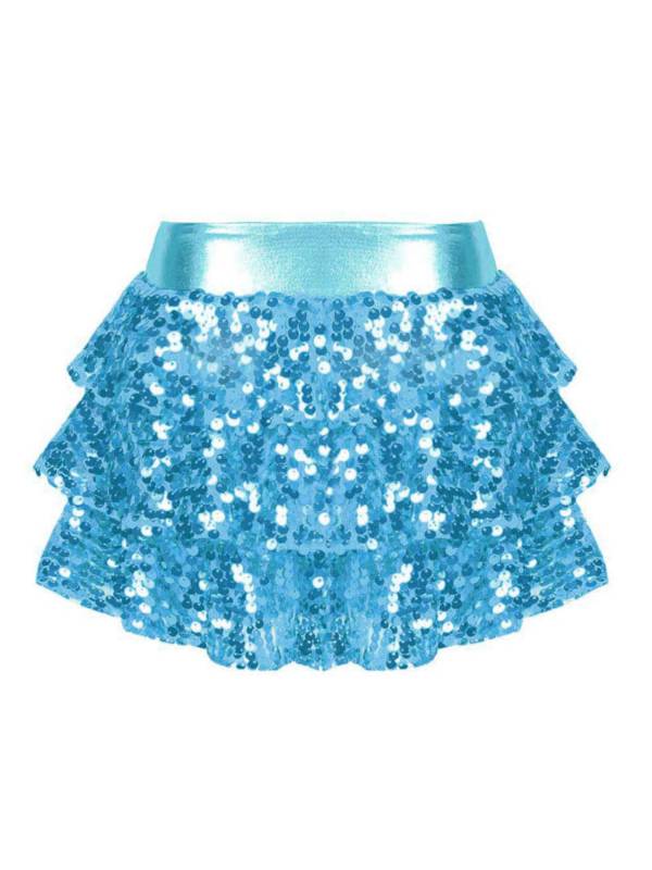 Kids Girls Shiny Sequin Tiered Ruffle Jazz Dance Skirt thumb
