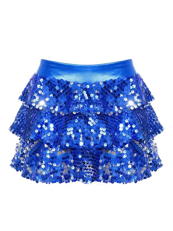Kids Girls Shiny Sequin Tiered Ruffle Jazz Dance Skirt thumb