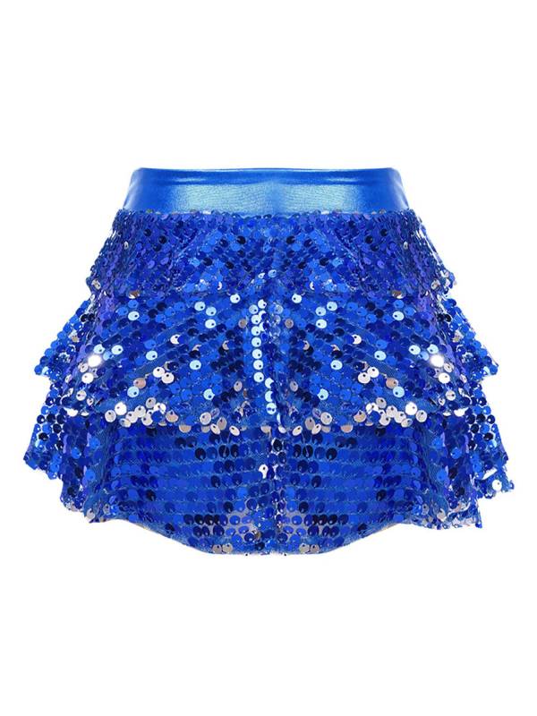 Kids Girls Shiny Sequin Tiered Ruffle Jazz Dance Skirt thumb
