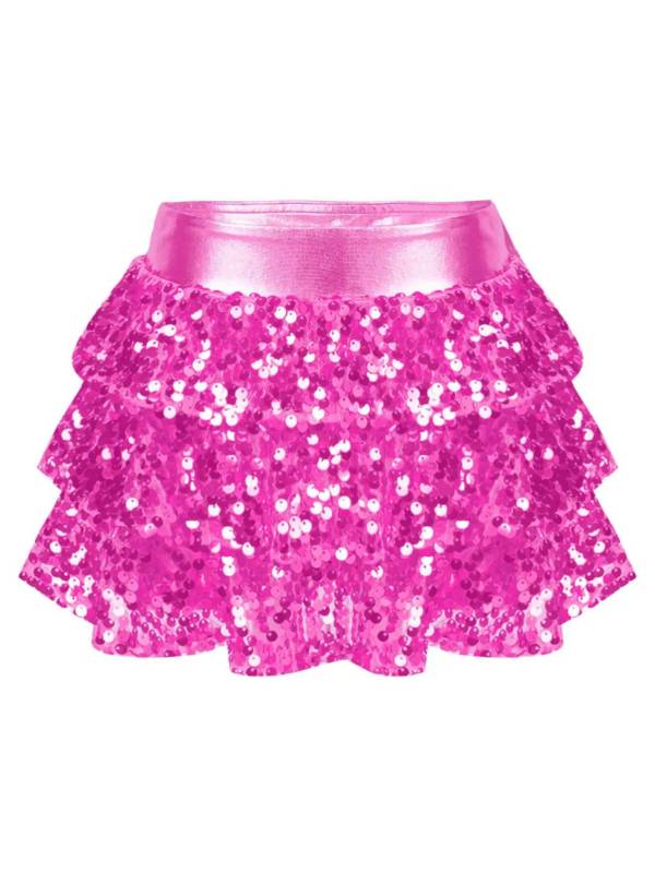 Kids Girls Shiny Sequin Tiered Ruffle Jazz Dance Skirt thumb