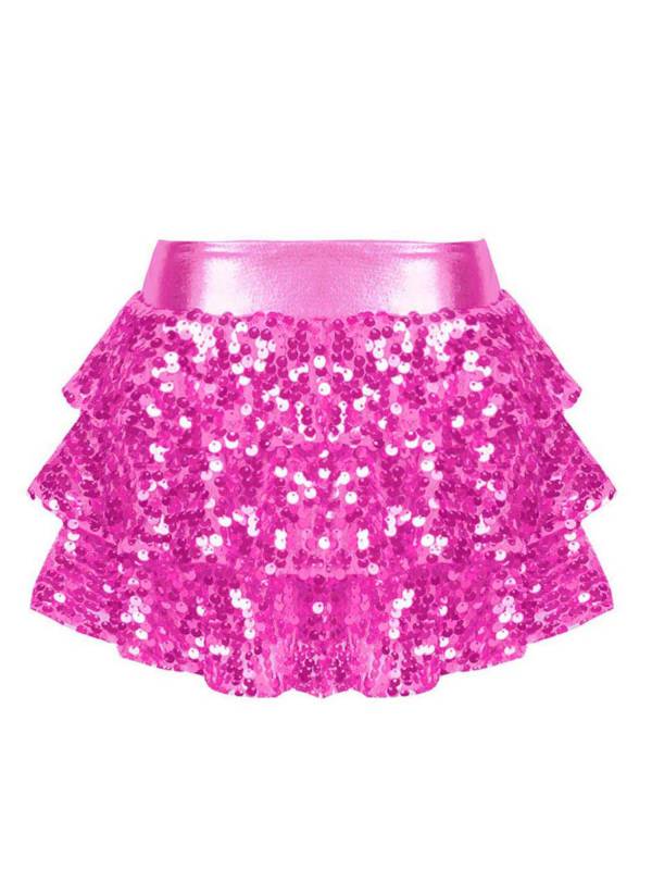 Kids Girls Shiny Sequin Tiered Ruffle Jazz Dance Skirt thumb