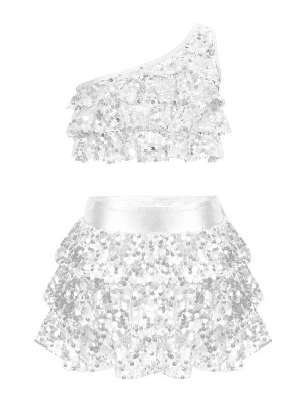 Kid Girls 2pcs Sequin Tiered Ruffles Crop Top and Skirt Short Jazz Set thumb