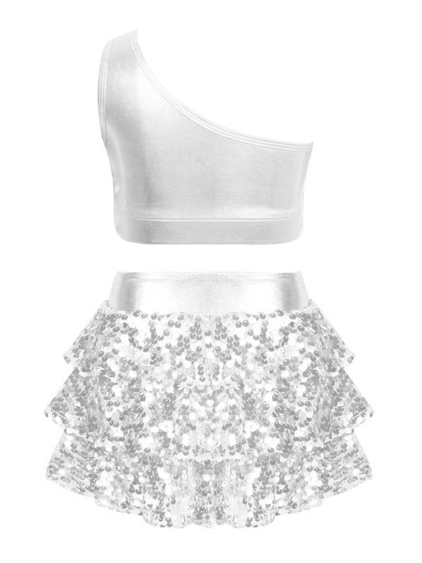 Kid Girls 2pcs Sequin Tiered Ruffles Crop Top and Skirt Short Jazz Set thumb