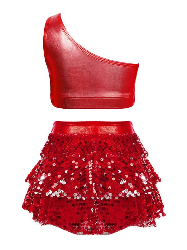 Kid Girls 2pcs Sequin Tiered Ruffles Crop Top and Skirt Short Jazz Set thumb