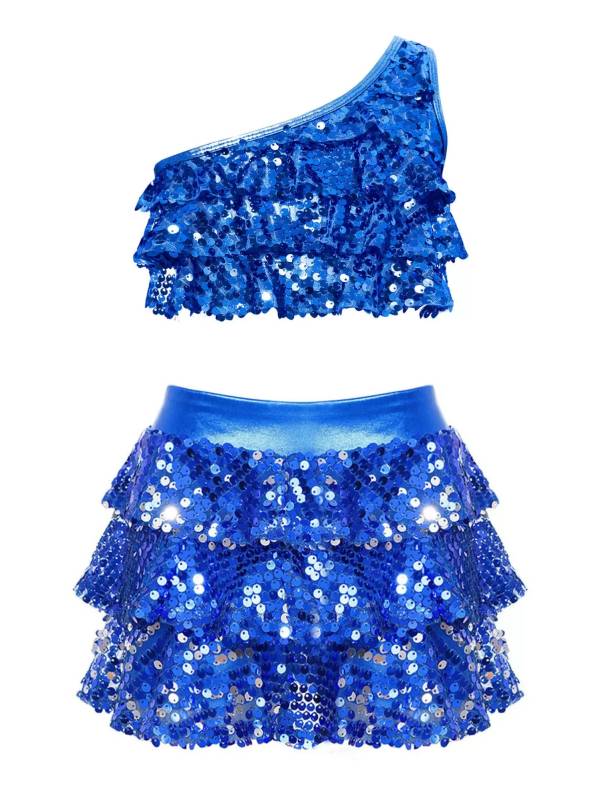 Kid Girls 2pcs Sequin Tiered Ruffles Crop Top and Skirt Short Jazz Set thumb