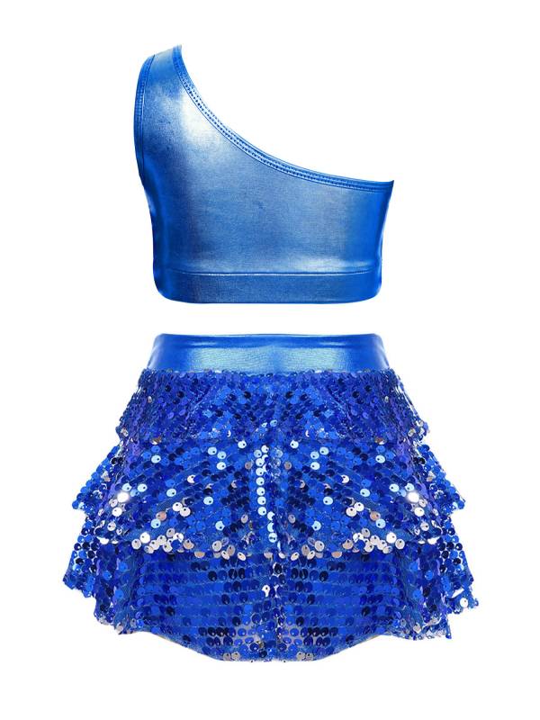 Kid Girls 2pcs Sequin Tiered Ruffles Crop Top and Skirt Short Jazz Set thumb