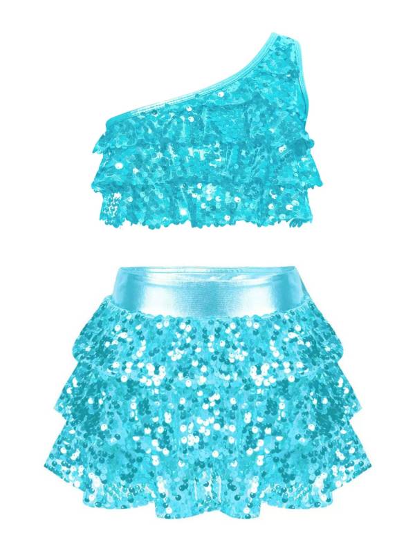 Kid Girls 2pcs Sequin Tiered Ruffles Crop Top and Skirt Short Jazz Set thumb