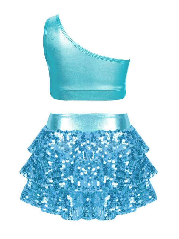Kid Girls 2pcs Sequin Tiered Ruffles Crop Top and Skirt Short Jazz Set thumb