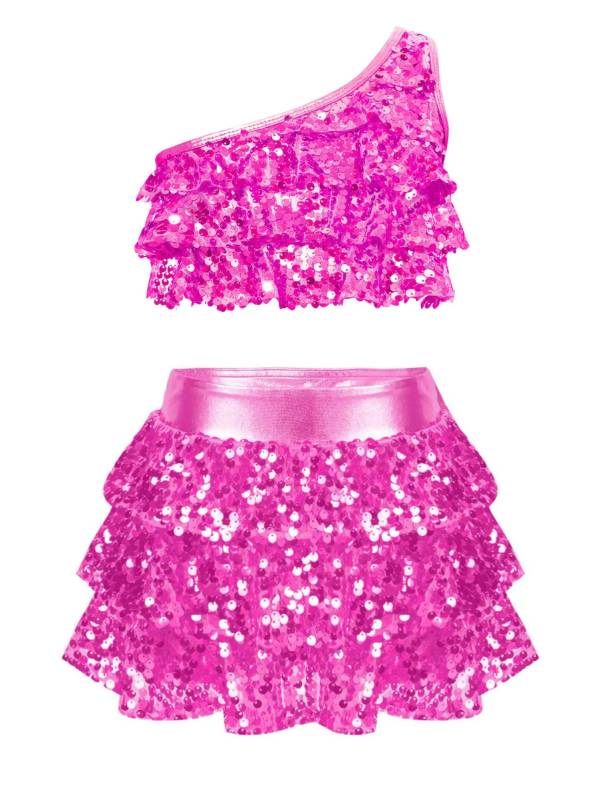 Kid Girls 2pcs Sequin Tiered Ruffles Crop Top and Skirt Short Jazz Set thumb