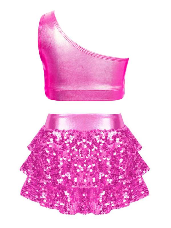 Kid Girls 2pcs Sequin Tiered Ruffles Crop Top and Skirt Short Jazz Set thumb