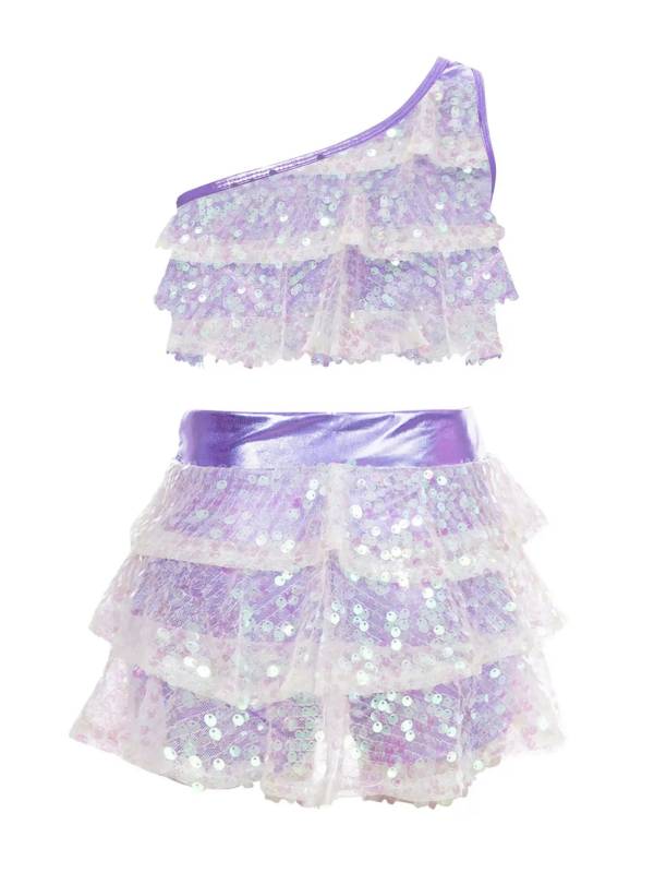 Kid Girls 2pcs Sequin Tiered Ruffles Crop Top and Skirt Short Jazz Set thumb
